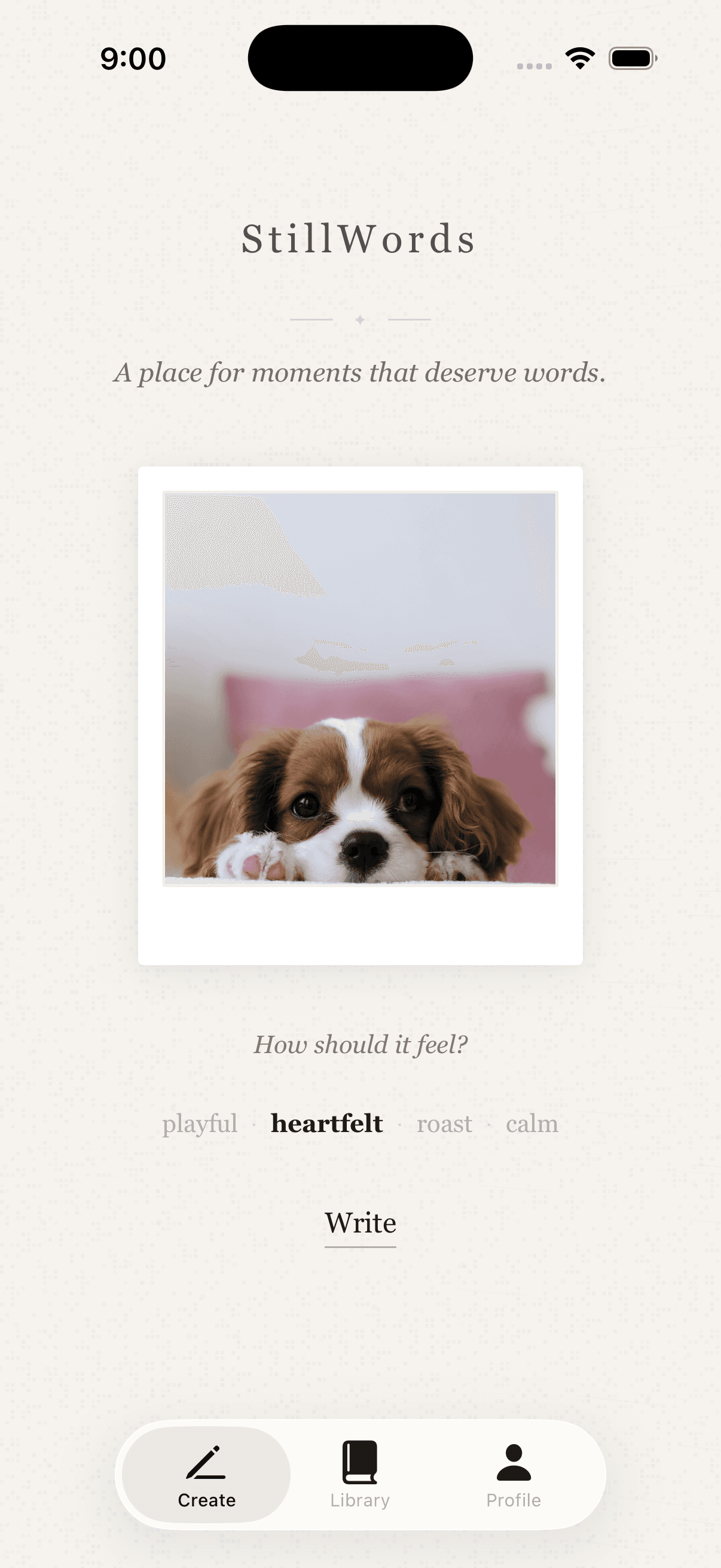 StillWords photo creation screen with a choice of writing moods